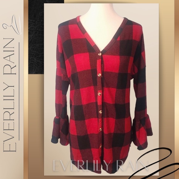 Beautiful Red & Black Plaid Top with Ruffle Sleeve - Picture 3 of 6